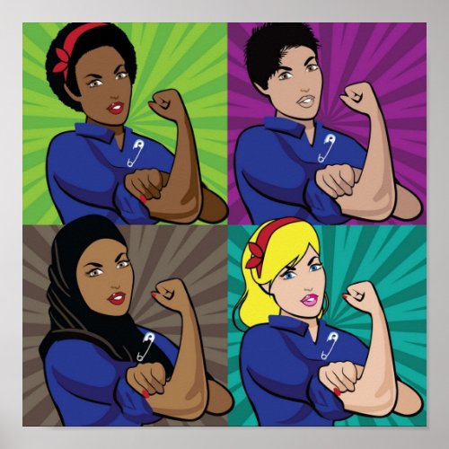 Pop art of multicultural Rosie the Riveters wearin Poster
