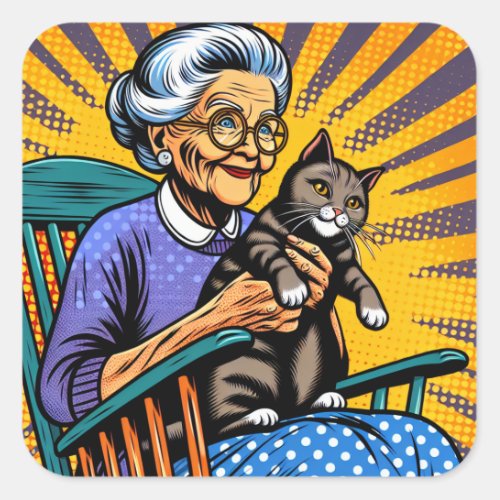 Pop Art Old Lady in Rocking Chair with Cat Square Sticker