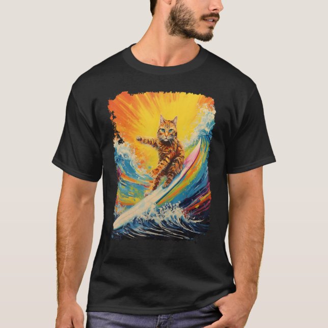 Pop Art Orange Ginger Cat Paddle Board Surfing T-Shirt (Front)