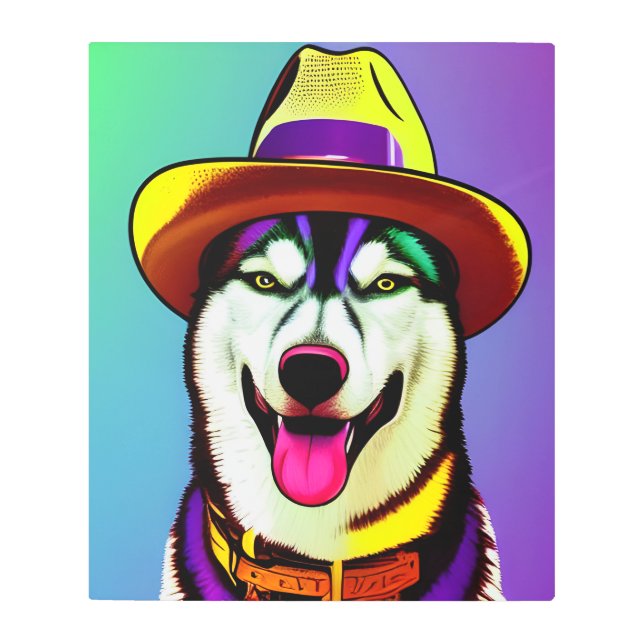 Pop Art Painting of a Husky Dog Wearing a Hat  (Front)