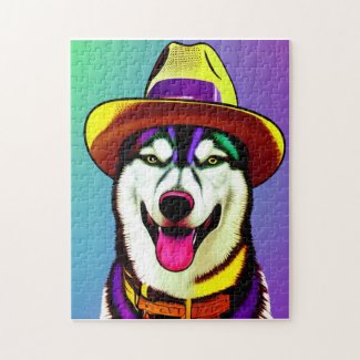 Pop Art Painting of a Husky Dog Wearing a Hat 