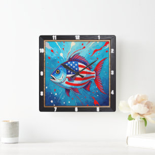 Pop Art Patriotic Fish Square Wall Clock