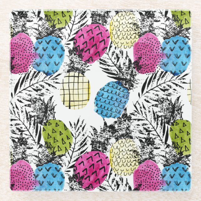 Pop Art Pineapples And Palm Leaves 2 Glass Coaster (Front)