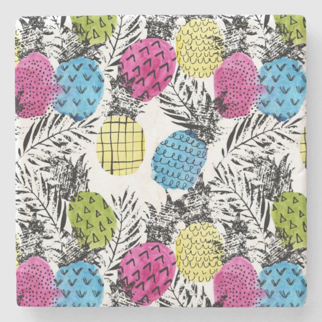 Pop Art Pineapples And Palm Leaves 2 Stone Coaster (Front)