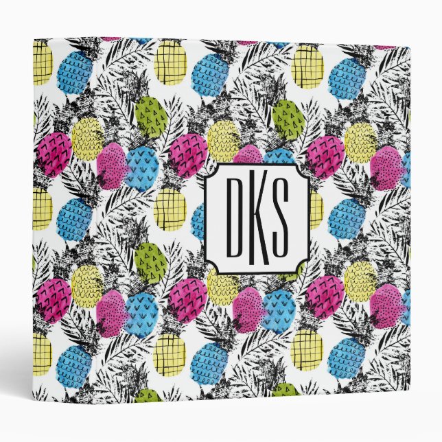 Pop Art Pineapples And Palm Leaves | Monogram 3 Ring Binder (Front/Spine)