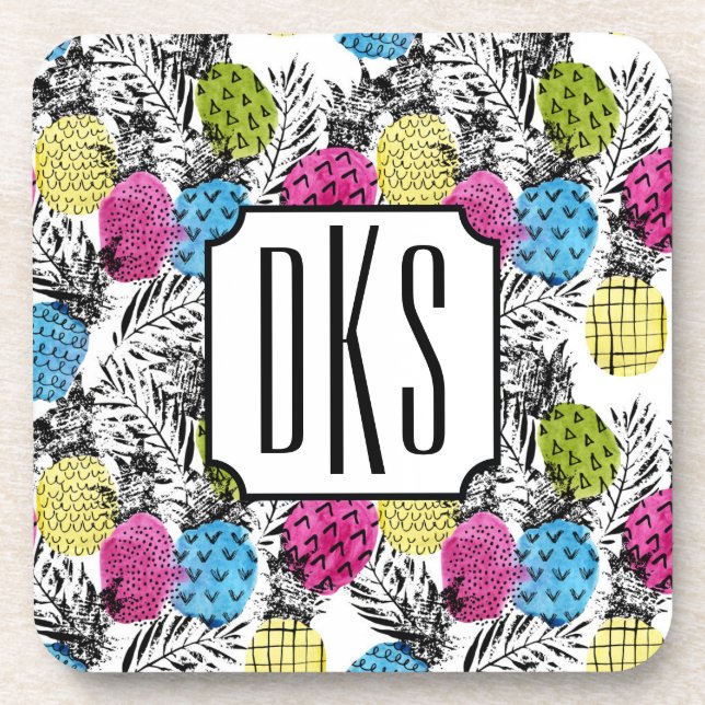 Pop Art Pineapples And Palm Leaves | Monogram Drink Coaster (Front)