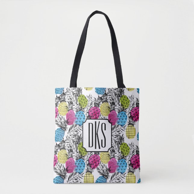 Pop Art Pineapples And Palm Leaves | Monogram Tote Bag (Front)