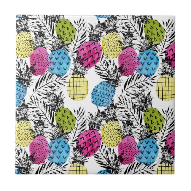 Pop Art Pineapples And Palm Leaves Tile (Front)