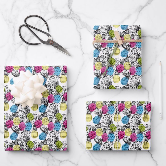 Pop Art Pineapples And Palm Leaves Wrapping Paper Sheets (Front)