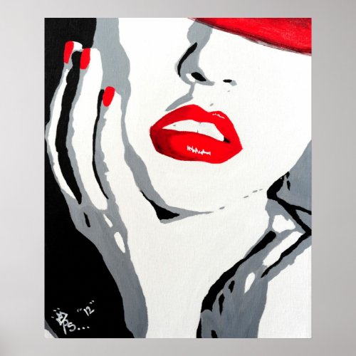 Pop art portrait poster red lips and nails