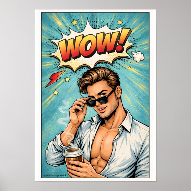 Pop Art Poster "WOW!" - Attractive Man Comic Wan (Front)