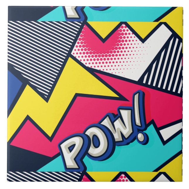Pop Art Pow! Pattern in Magenta, Blue, and Black Ceramic Tile (Front)