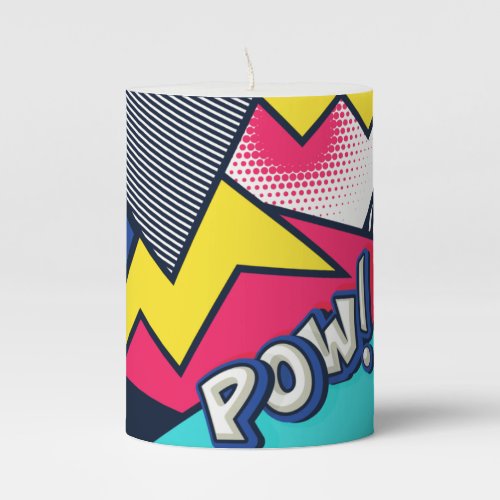 Pop Art Pow Pattern in Magenta Blue and Black Pillar Candle