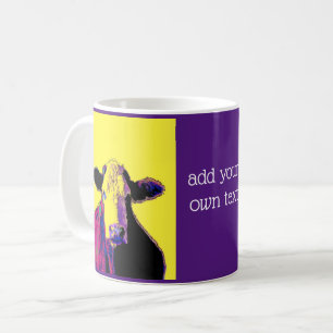 pop art purple and yellow cow add your own quote coffee mug