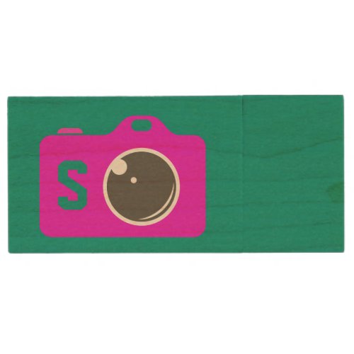 Pop Art Purple Camera Green Monogram Wood Flash Drive