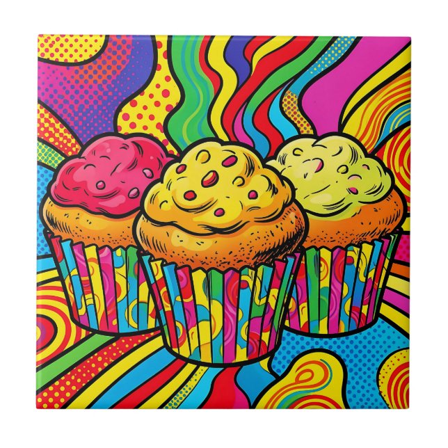 Pop Art Rainbow Cupcakes Explosion Ceramic Tile (Front)