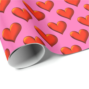 Pop art: Red 3D Metallic Look Shaded Hearts Red BG Wrapping Paper
