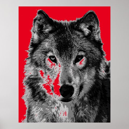 Pop Art Red Grey Wolf Face Poster