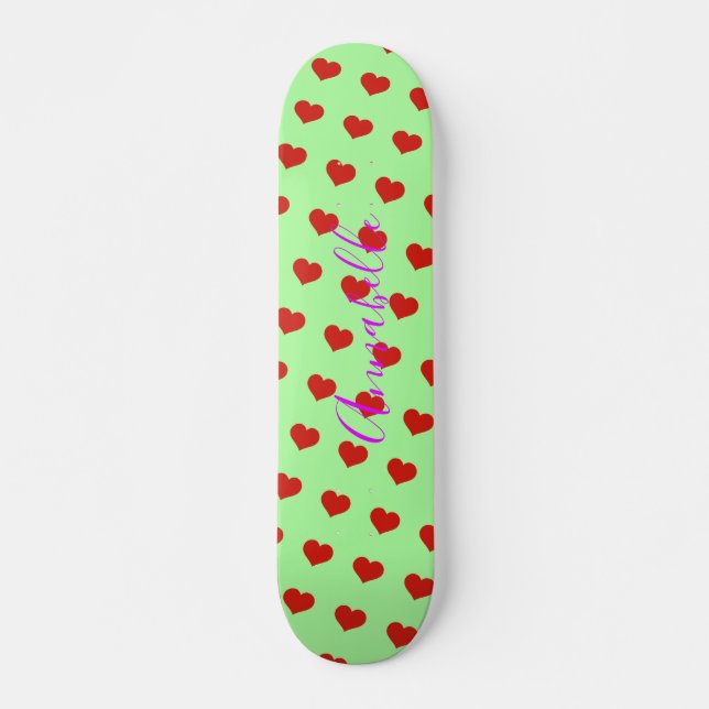 Pop Art Red Heart Pattern on Green Background Skateboard (Front)