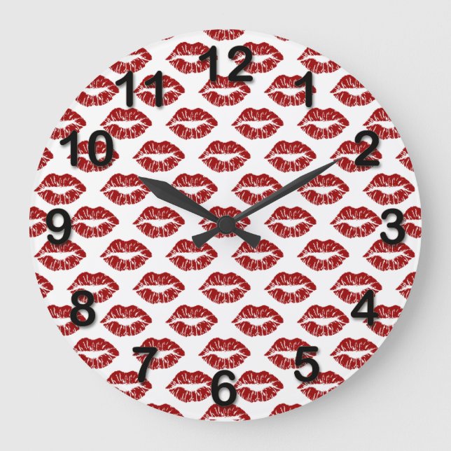 Pop Art: Red Lipstick Kisses Large Clock (Front)