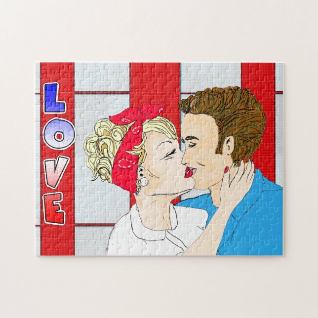 Pop Art Retro Couple Kissing Romantic Nostalgic Jigsaw Puzzle (Horizontal)
