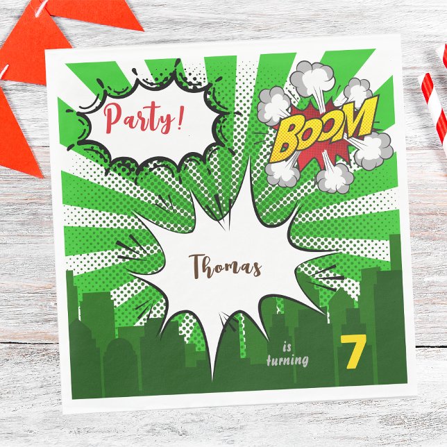 Pop art retro green comic birthday napkins (Creator Uploaded)