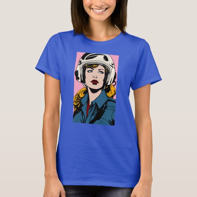 Pop Art Retro Woman in Helmet Graphic T-Shirt (Front)