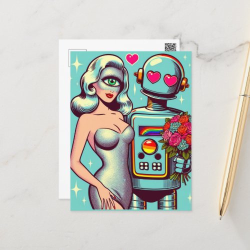 Pop Art Robot and Alien Woman in Love Postcard