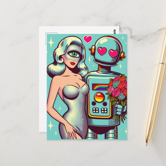 Pop Art Robot and Alien Woman in Love Postcard (Front/Back In Situ)