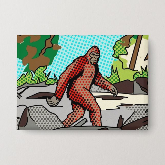 Pop Art Sasquatch Forest Comic Panel Graphic Button (Front)