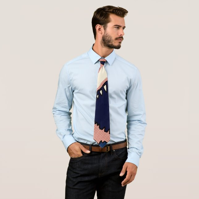 Pop Art Shark Jaw Halftone Comic Panel Neck Tie (In Situ)