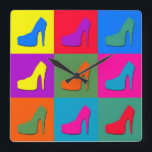 Pop art shoes square wall clock<br><div class="desc">Illustration of high-heel shoes on colorful tiled background</div>