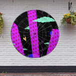 Pop Art Skyline Bright Purple Pink Stars  Dart Board<br><div class="desc">Original Pop Art by Skylar Jenkins. The purple buildings are softened with green clouds,  dark blue moons and an orange heart.</div>