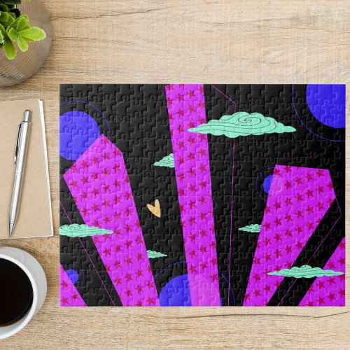 Pop Art Skyline Bright Purple Pink Stars  Jigsaw Puzzle