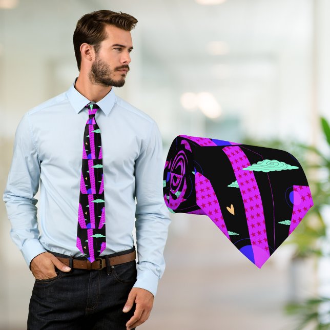Pop Art Skyline Bright Purple Pink Stars Pattern  Neck Tie (Creator Uploaded)