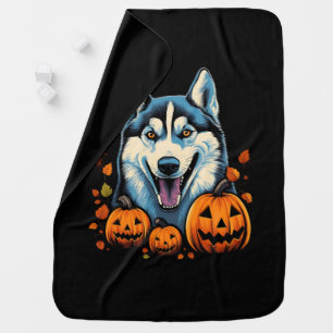 Pop Art Smilling Husky Dog with Pumpkins Halloween Baby Blanket