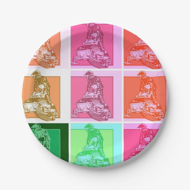 Pop Art Snowmobiler Paper Plates (Front)