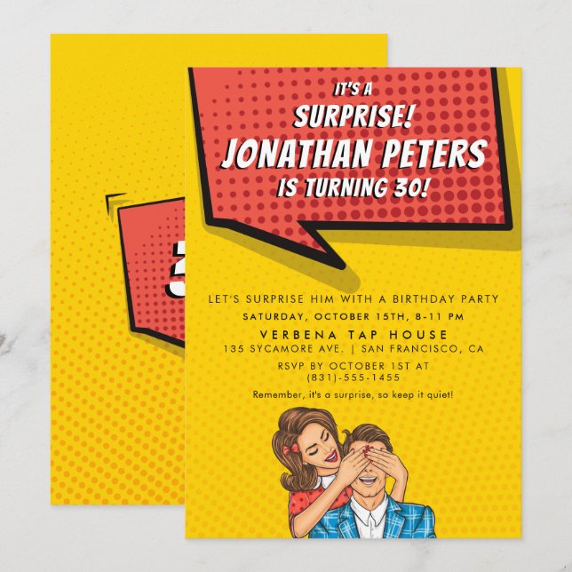 Pop Art Speech Bubble Surprise Birthday Party Invitation (Front/Back)