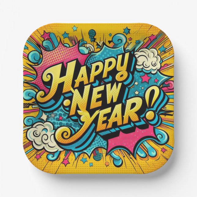 Pop Art Style Happy New Year Paper Plates (Front)