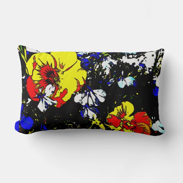 pop art style red yellow blue and white flowers lumbar pillow (Front)