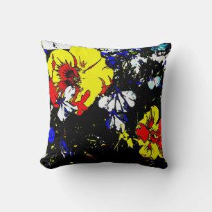 pop art style red yellow blue and white flowers throw pillow