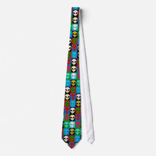 Pop Art Style Space Alien Heads Neck Tie