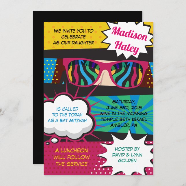 POP ART SUNGLASSES RETRO Bat Mitzvah Invitation (Front/Back)