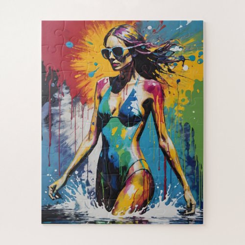 Pop Art Swimsuit Model Paint Splatter Jigsaw Puzzle