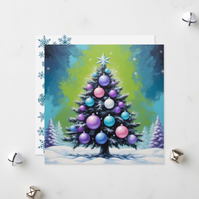 Pop Art Synthwave Christmas with Acid Green Violet Holiday Card (Front/Back In Situ)