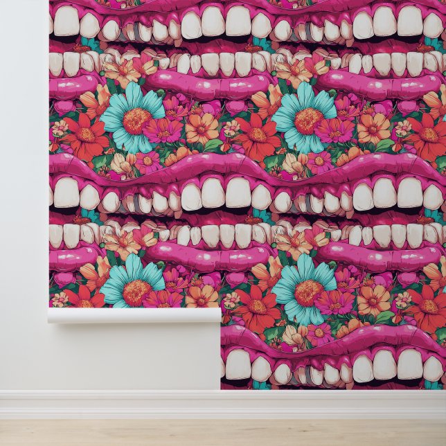 Pop Art Teeth Flower Smile Dental Clinic Decor Wallpaper (Application)