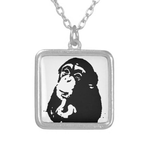 Pop Art Thinking Chimpanzee Silver Plated Necklace