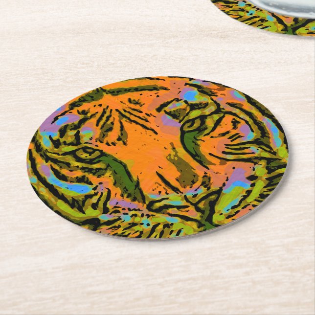 Pop Art TIGER HEAD + your backgr. & ideas Round Paper Coaster (Angled)