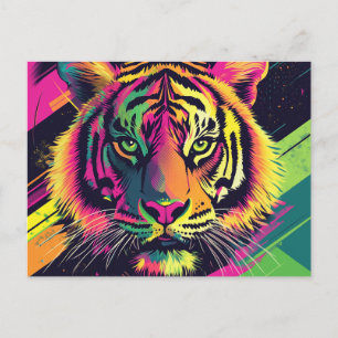 Pop Art Tiger Illustration with Neon Colors Holiday Postcard