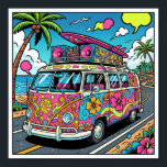 Pop Art Van Poster<br><div class="desc">A high-quality graphic of a vintage beach van in a psychedelic Pop Art style. The van features bold patterns,  bright,  contrasting colors,  and thick outlines,  giving it a playful,  comic-book aesthetic.</div>